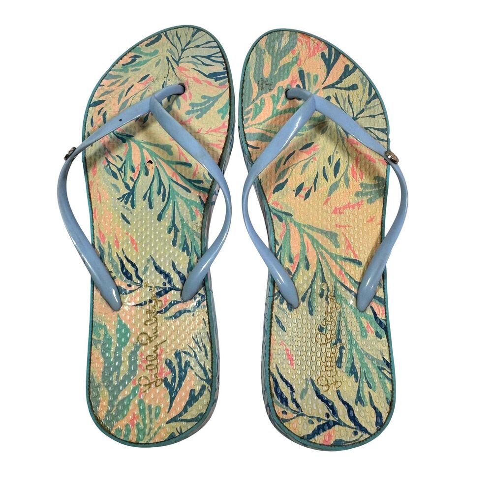 Lilly Pulitzer Flip Flops Women's Size 9/10 Blue Tropical Design Floral Beach